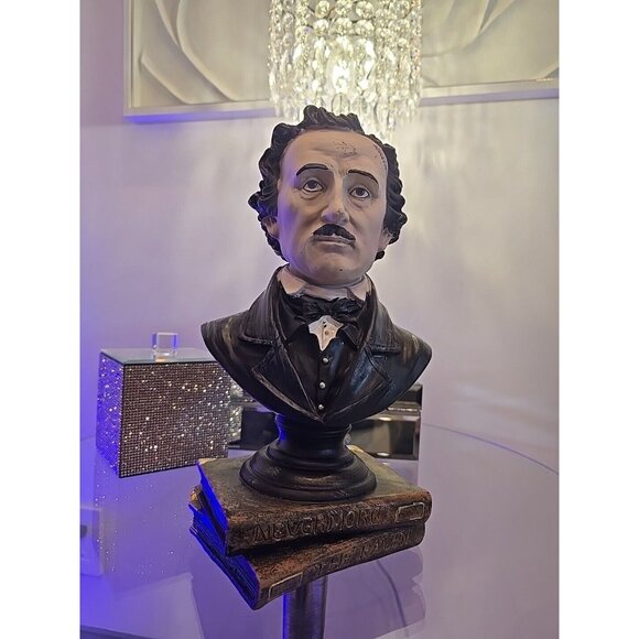 Edgar Allan Poe Halloween Head Bust Statue Raven Nevermore Rare Book Shelf Decor - Picture 1 of 6
